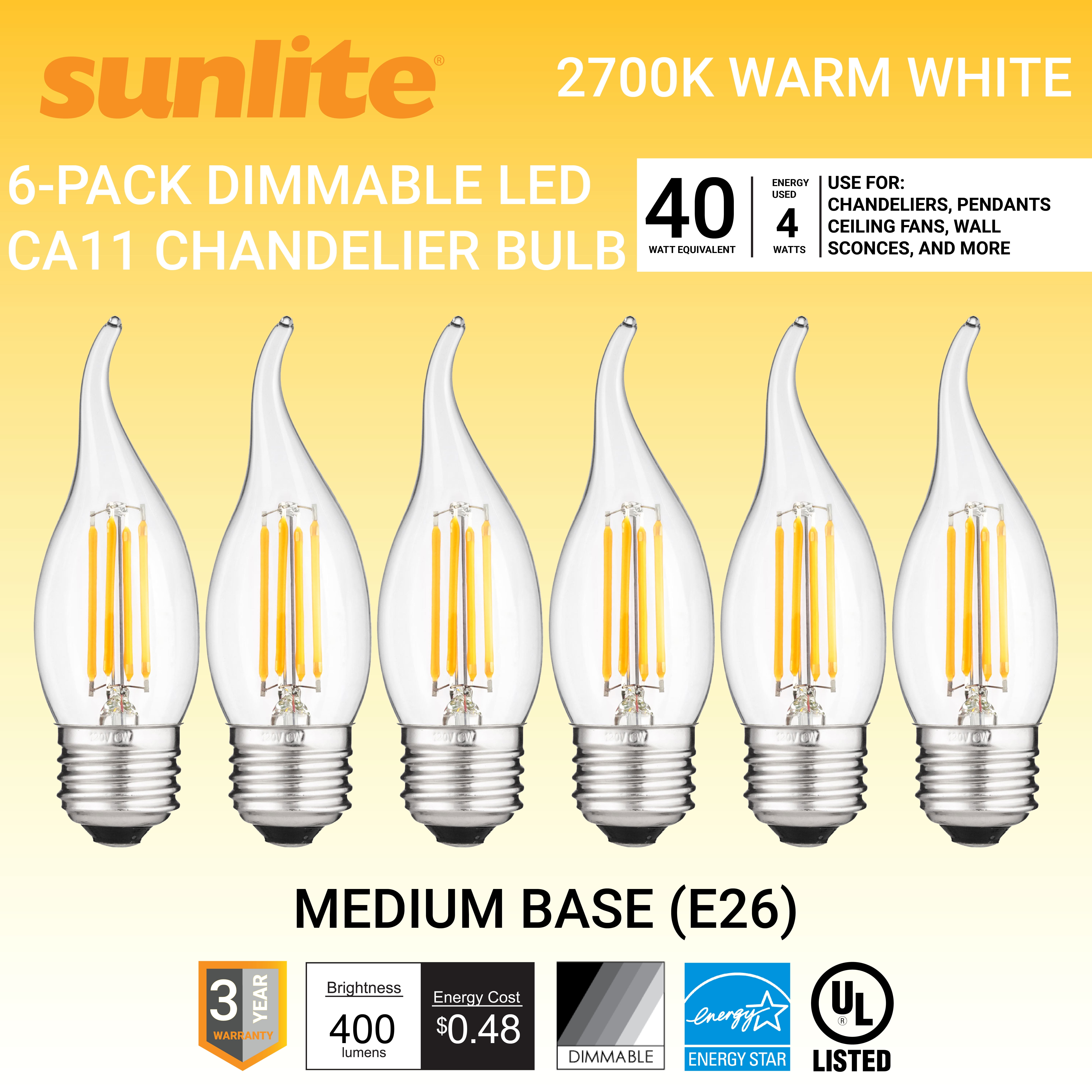 Sunlite LED CA11 Flame Tip Chandelier Light Bulb, 4 Watts (40W Equivalent), Medium E26 Base, Dimmable, Edison Style, 2700K Warm White, 6 Pack