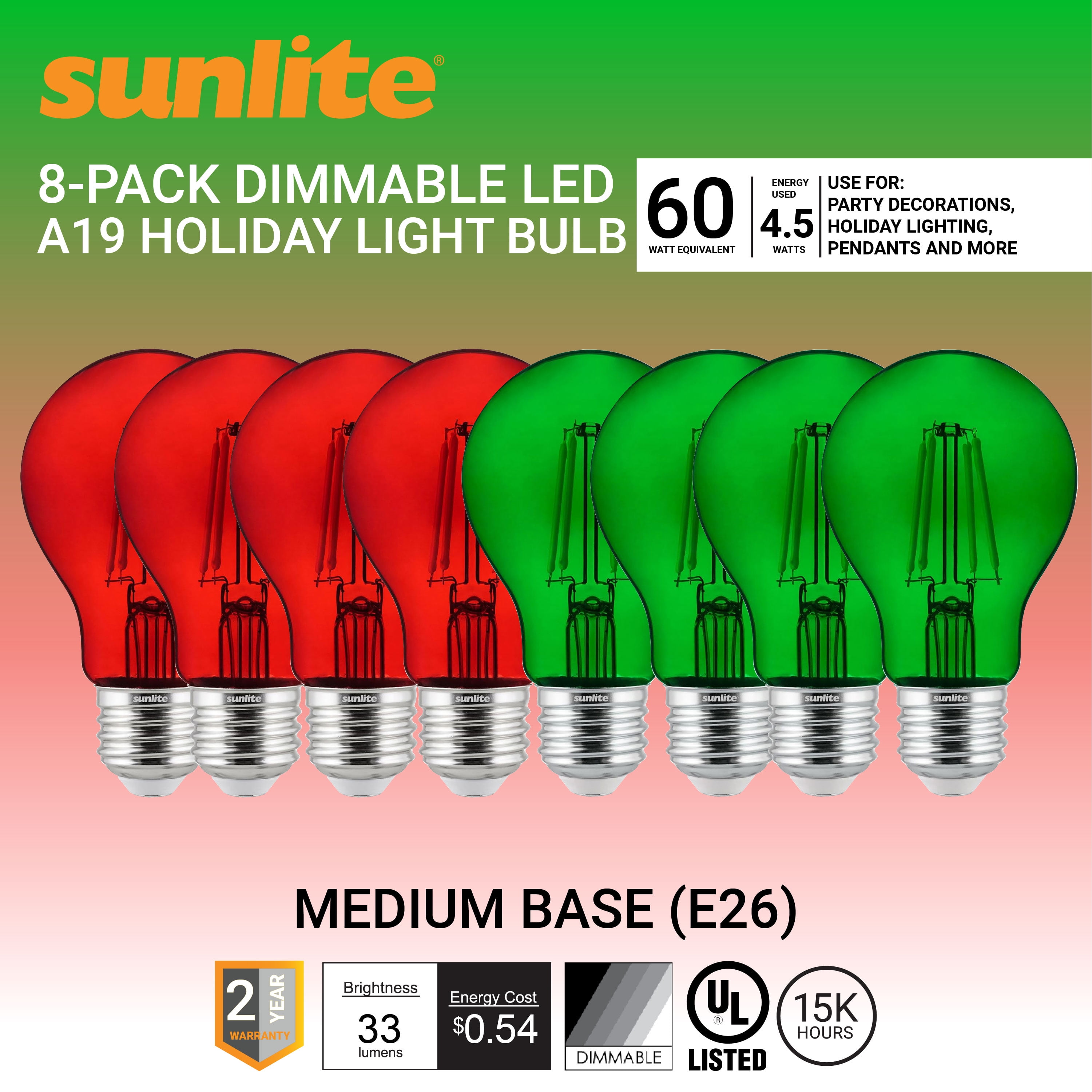 Sunlite LED Decorative Christmas Holiday Light Bulbs, A19 Filament Style, 4.5 Watt (60W Equiavlent), Dimmable, Red and Green, 8 Pack