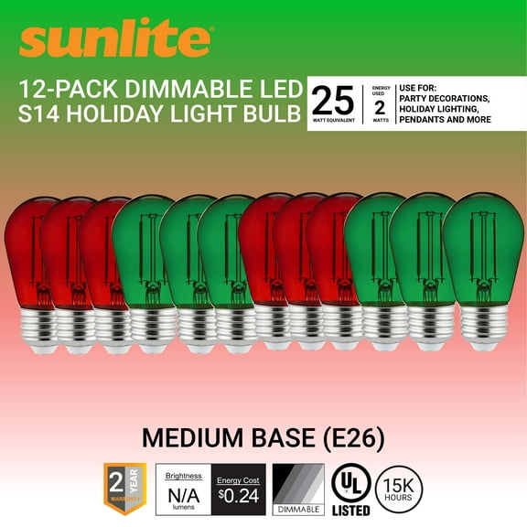 Sunlite LED Decorative Christmas Holiday Light Bulbs, S14 Filament Style, 2 Watt (25W Equivalent), Dimmable, Red and Green, 12 Pack