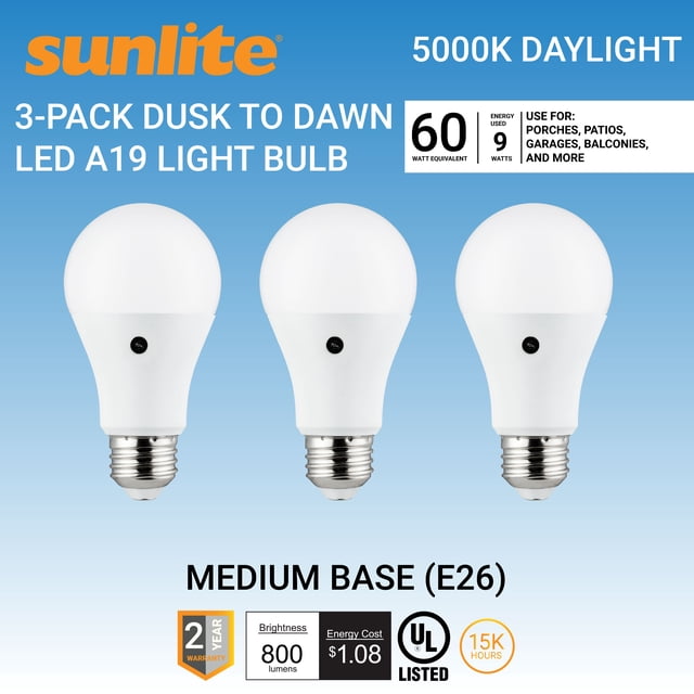 Sunlite Outdoor Sensing LED Dusk to Dawn A19 Light Bulb, 9W, 800 Lumens ...