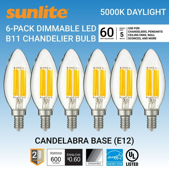 Sunlite LED Edison B11 Torpedo Tip Chandelier Light Bulb, 5 Watts (60W Equivalent), Candelabra E12 Base, Dimmable, UL Listed, 5000K Daylight, 6 Pack