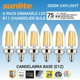 thumbnail image 1 of Sunlite LED Edison B11 Torpedo Tip Chandelier Light Bulb, 8.8 Watts (75W Equivalent), Candelabra E12 Base, Dimmable, UL Listed, Title 20 Compliant, 90 CRI, 5000K Daylight, 6 Pack, 1 of 6