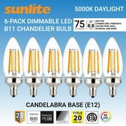 Sunlite LED Edison B11 Torpedo Tip Chandelier Light Bulb, 8.8 Watts (75W Equivalent), Candelabra E12 Base, Dimmable, UL Listed, Title 20 Compliant, 90 CRI, 5000K Daylight, 6 Pack