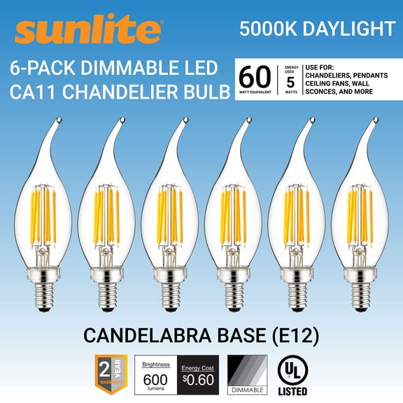 Sunlite LED Edison CA11 Flame Tip Chandelier Light Bulb, 5 Watts (60W Equivalent), Candelabra E12 Base, Dimmable, ETL Listed, 5000K Daylight, 6 Pack