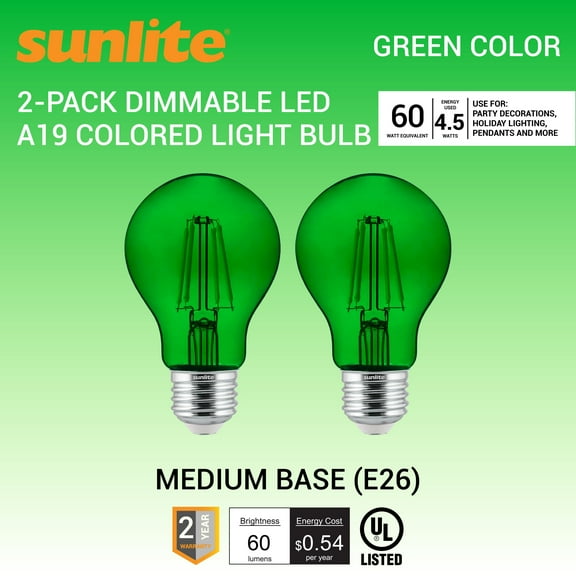 Sunlite LED Filament A19 Green E26 Base 4.5W (60W Equivalent) Dimmable Light Bulb, 2 Count