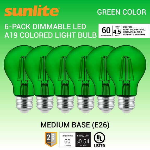 Sunlite LED Filament A19 Green E26 Base 4.5W (60W Equivalent) Dimmable Light Bulb, 6 Count