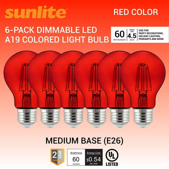 Sunlite LED Filament A19 Red E26 Base 4.5W (60W Equivalent) Dimmable Light Bulb, 6 Count