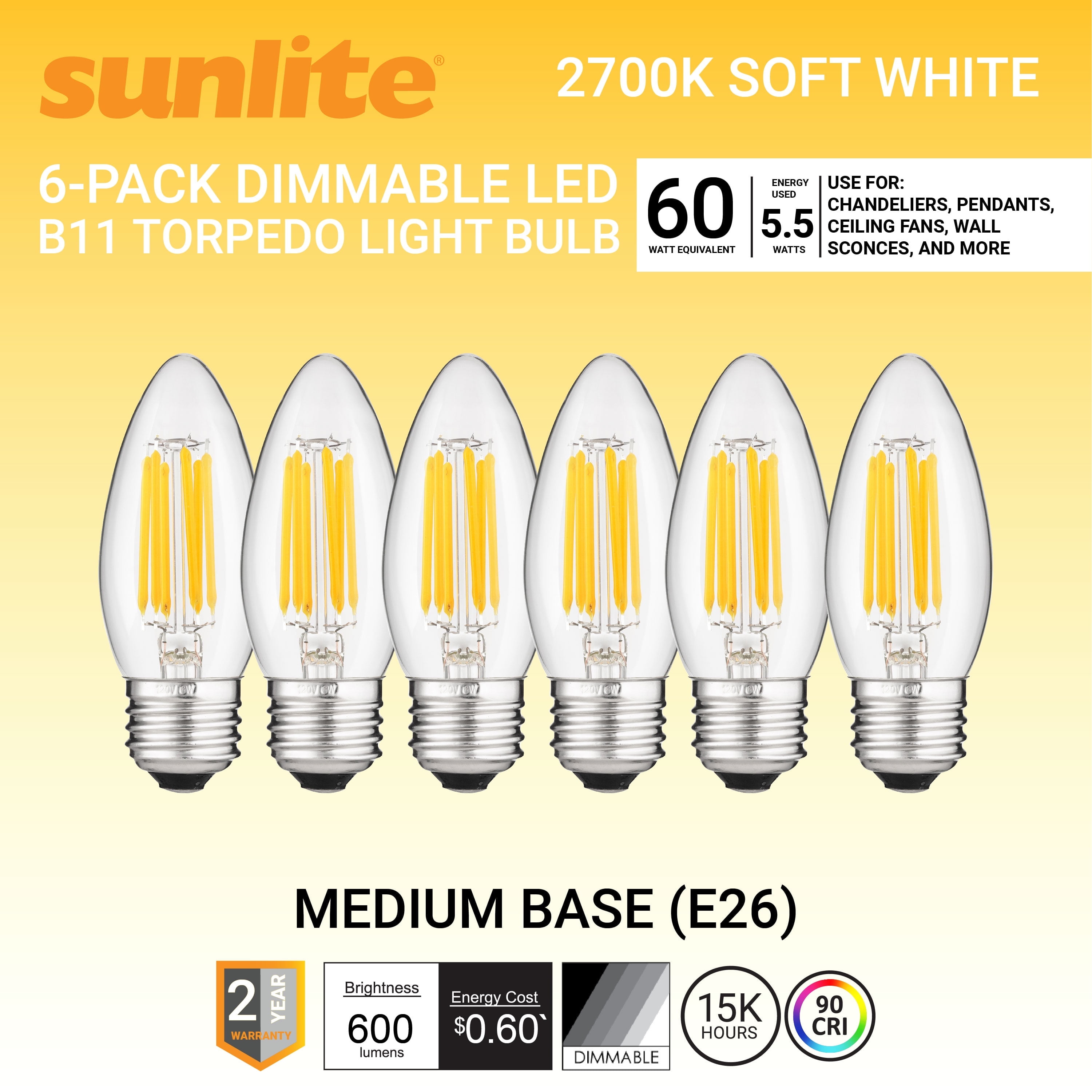 Sunlite LED Filament B11 Torpedo Chandelier Light Bulb, 5.5 Watts (60W Equivalent), Medium E26 Base, Dimmable, Clear, UL Listed, 90 CRI, 2700K Warm White, 6-Pack