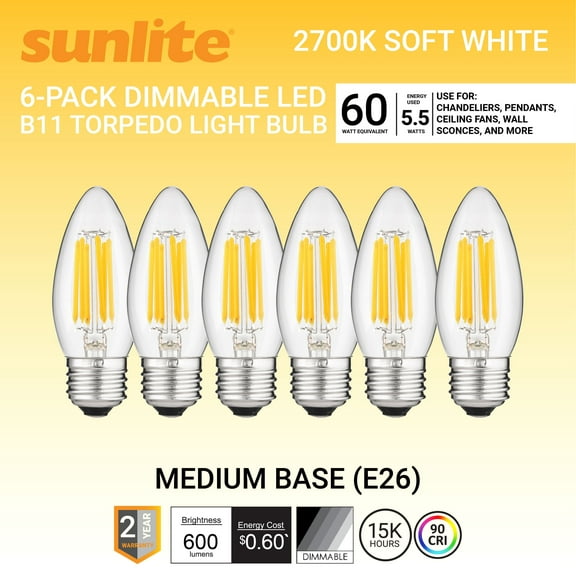 Sunlite LED Filament B11 Torpedo Chandelier Light Bulb, 5.5 Watts (60W Equivalent), Medium E26 Base, Dimmable, Clear, UL Listed, 90 CRI, 2700K Warm White, 6-Pack