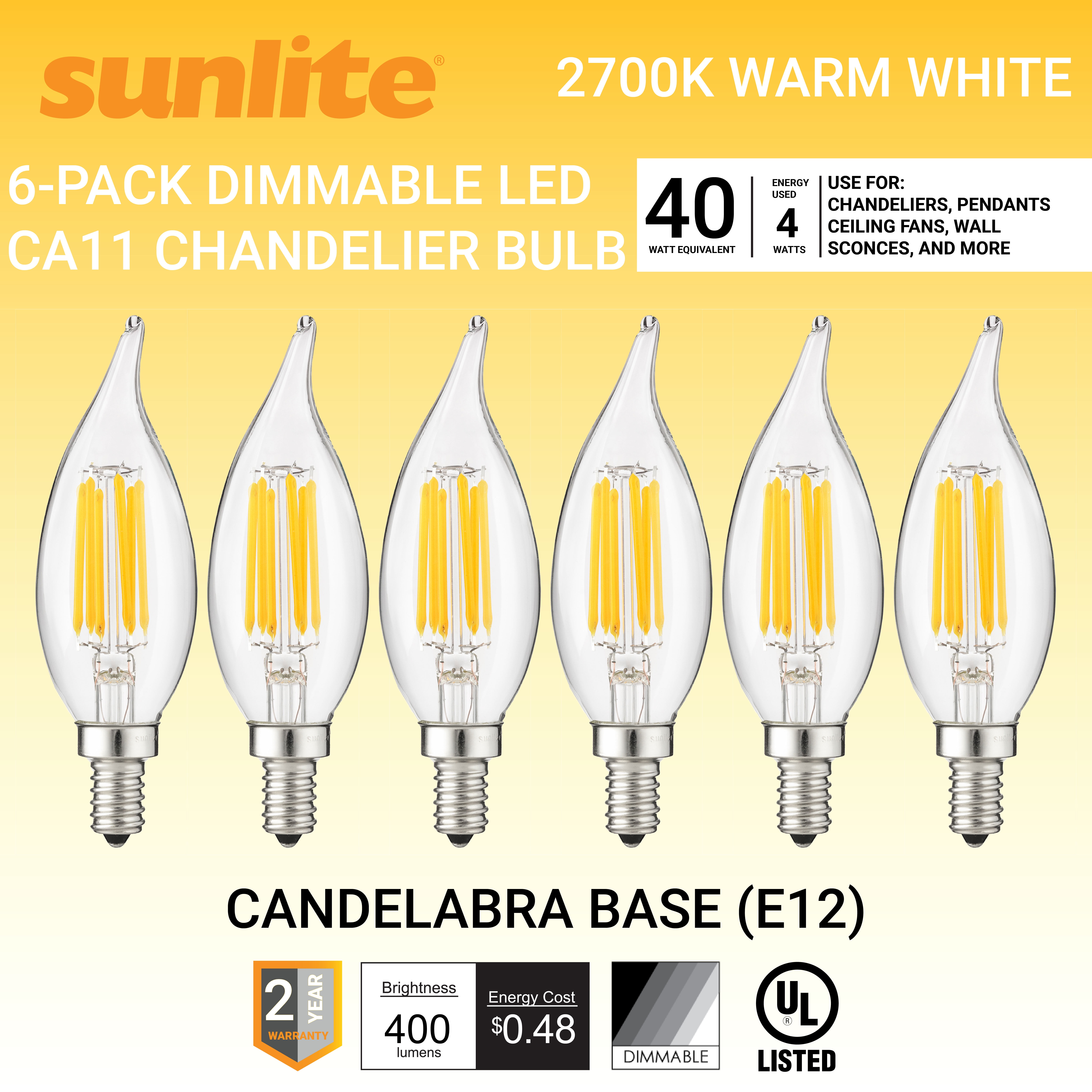 Sunlite LED Filament CA11 Flame Tip Chandelier Light Bulb 4 Watts (40W Equivalent), Candelabra E12 Base, Dimmable, UL Listed, 2700K Warm White, 6 Pack