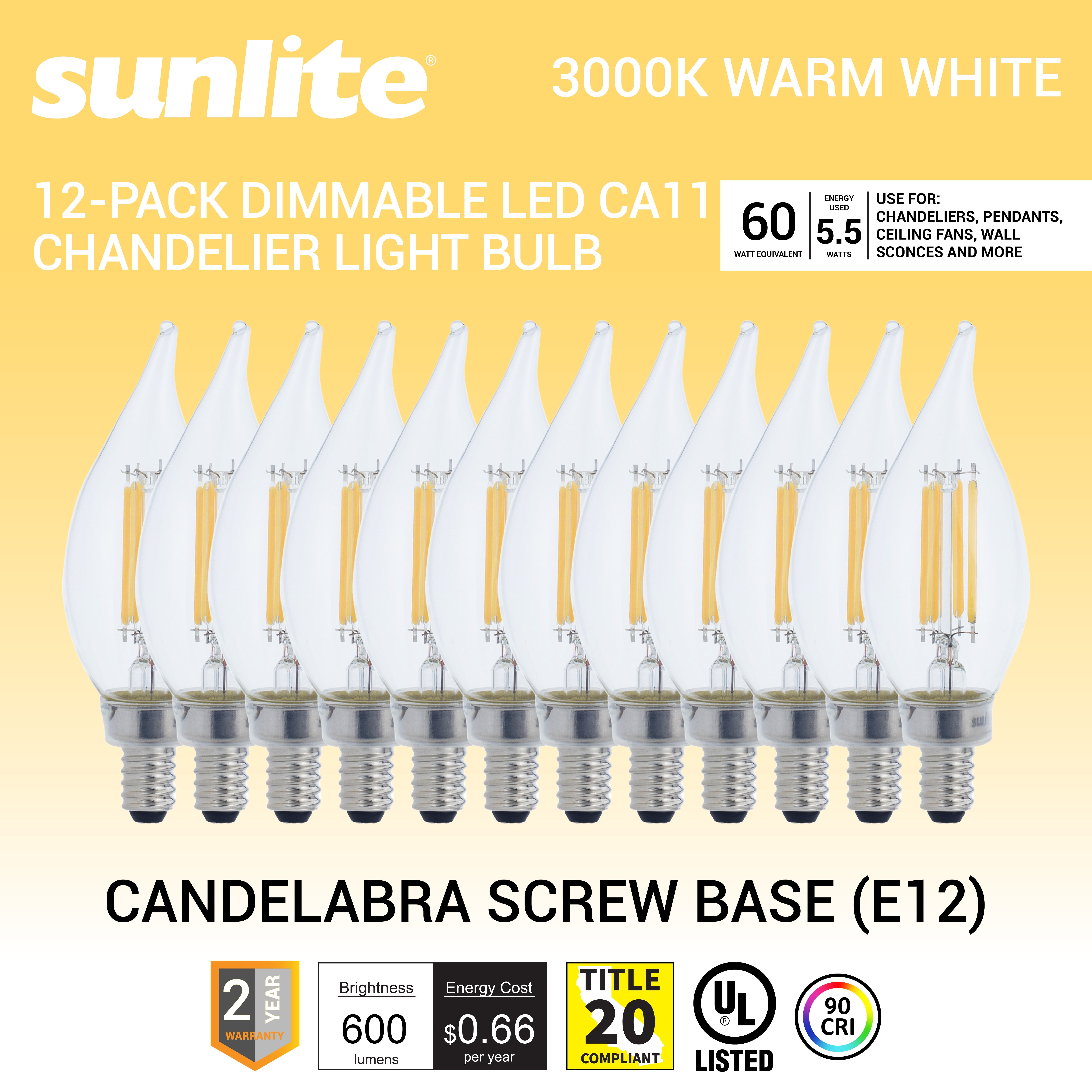 Sunlite LED Filament CA11 Flame Tip Chandelier Light Bulb, 5.5 Watts (60W=), 600 Lumens, Candelabra Base (E12), Edison Style, 90 CRI, Dimmable, UL Listed, 3000K Warm White, 12 Count