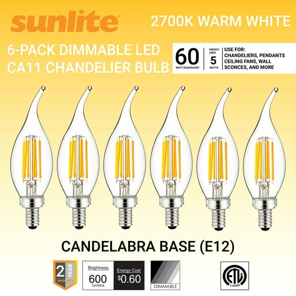 Sunlite LED Filament CA11 Flame Tip Chandelier Light Bulb 5 Watts (60W Equivalent), Candelabra E12 Base, Dimmable, UL Listed, 2700K Warm White, 6 Pack