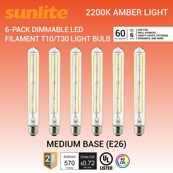 Sunlite LED Filament T10/T30 Tubular Light Bulb, 6 Watts (60W Equivalent), Medium E26 Base, Dimmable,UL Listed, 2200K Amber, 6-Pack