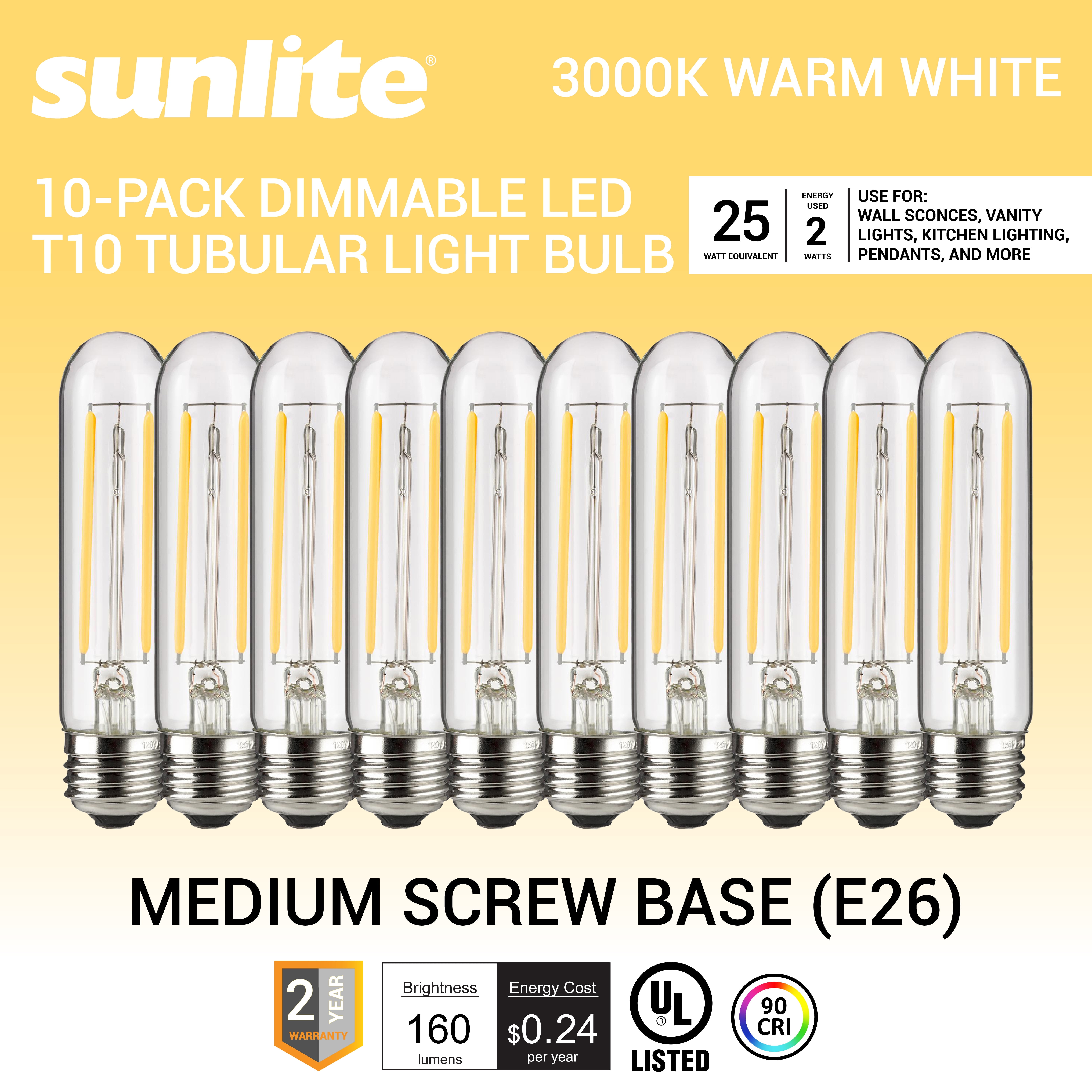 Sunlite LED Filament T10 Tubular Light Bulb, 2 Watts (25W Equivalent), 160 Lumens, Medium E26 Base, 120 Volts, Dimmable, 90 CRI, UL Listed, Clear, 3000K Warm White, 10 Pack