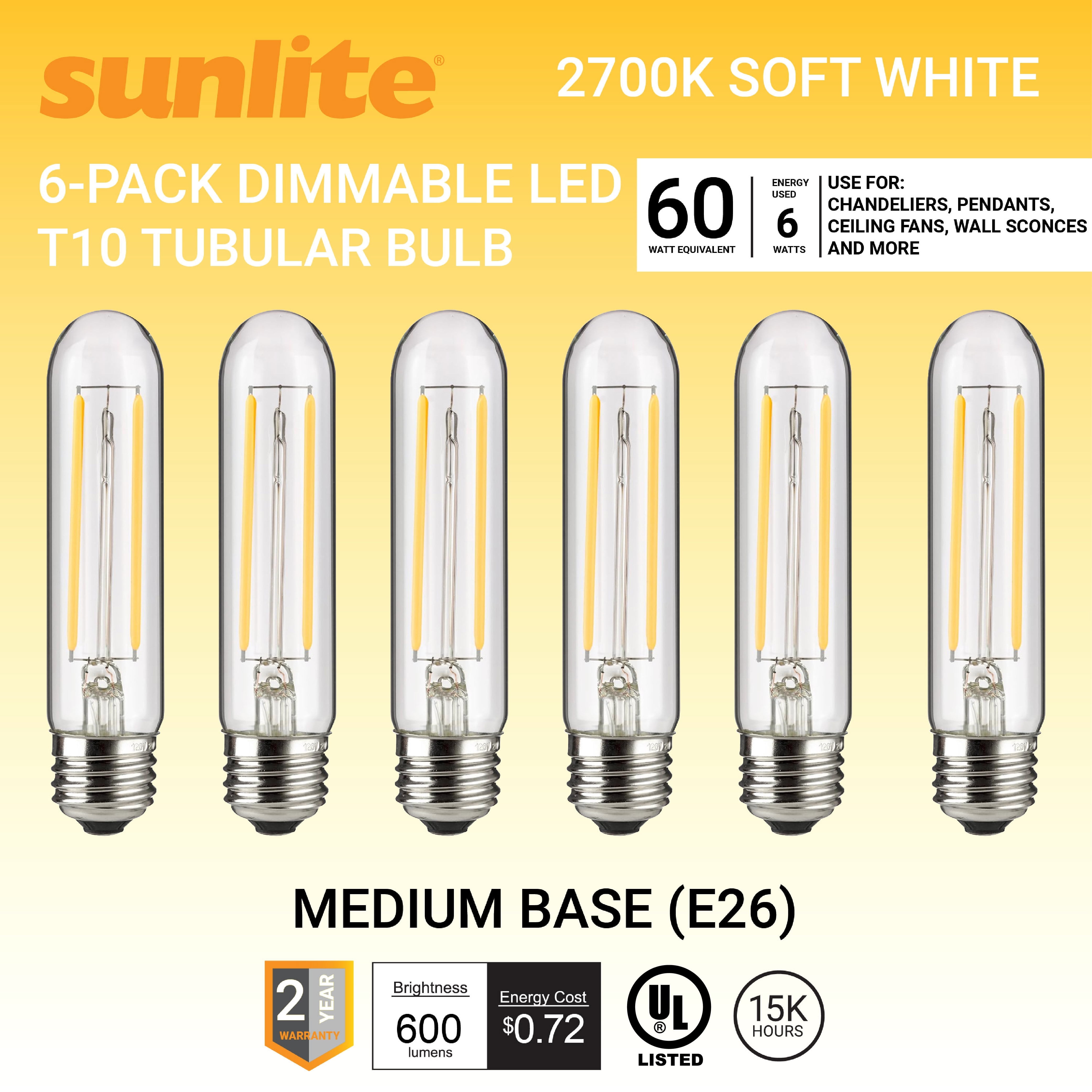 Sunlite LED Filament T10 Tubular Light Bulb, 6 Watts (60W Equivalent), Medium E26 Base, Dimmable, Clear, ETL Listed, 2700K Soft White, 6-Pack