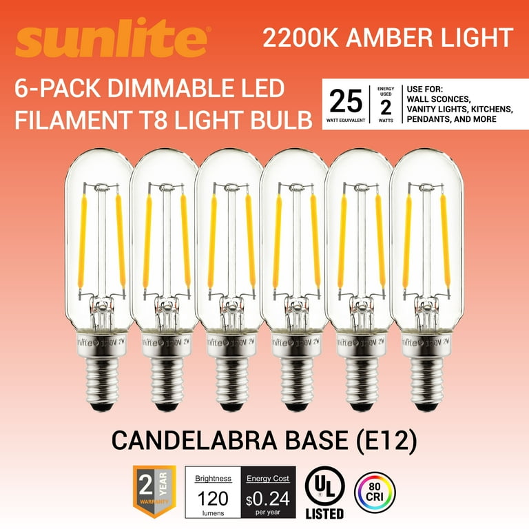 Sunlite LED Filament T8 Tubular Light Bulb 2 Watts 25W Equivalent Candelabra E12 Base Dimmable Clear UL Listed 2200K Amber 6 Pack