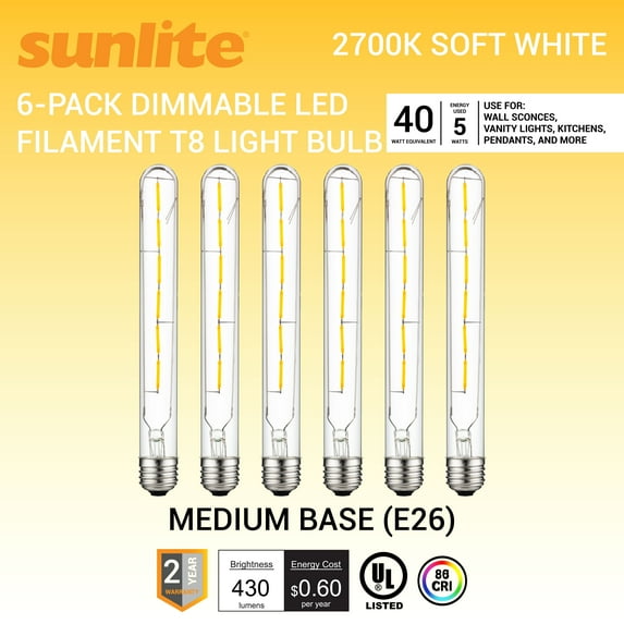 Sunlite LED Filament T8 Tubular Light Bulb, 5 Watts (40W Equivalent), Medium E26 Base, Dimmable, Clear, UL Listed, 2700K Warm White, 6-Pack
