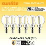 Sunlite LED G16.5 Filament Style Globe Light Bulb, 2.5 Watts (25W Equivalent), Candelabra E12 Base, Dimmable, Clear, UL Listed, 3000K Warm White, 6-Pack