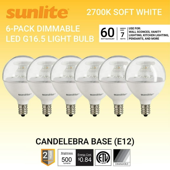 Sunlite LED G16.5 Globe Light Bulb, 7 Watts (60W Equivalent), 500 Lumens, 2700K Soft White, Dimmable, Candelabra E12 Base, Short Bulbs, Vanity Bulbs, Clear, 6 Count