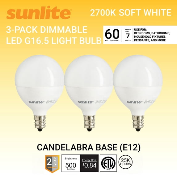 Sunlite LED G16.5 Globe Light Bulb, 7 Watts (60W Equivalent), 500 Lumens, 2700k Soft White, Dimmable, Candelabra E12 Base, Short Bulbs, Vanity Bulbs, Frosted, 3 Count
