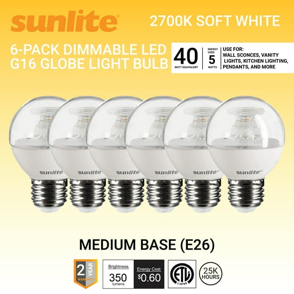 Sunlite LED G16 Globe Light Bulb, 5 Watts (40W Equivalent), Medium E26 Base, Dimmable, Clear, UL Listed, 2700K Warm White, 6-Pack