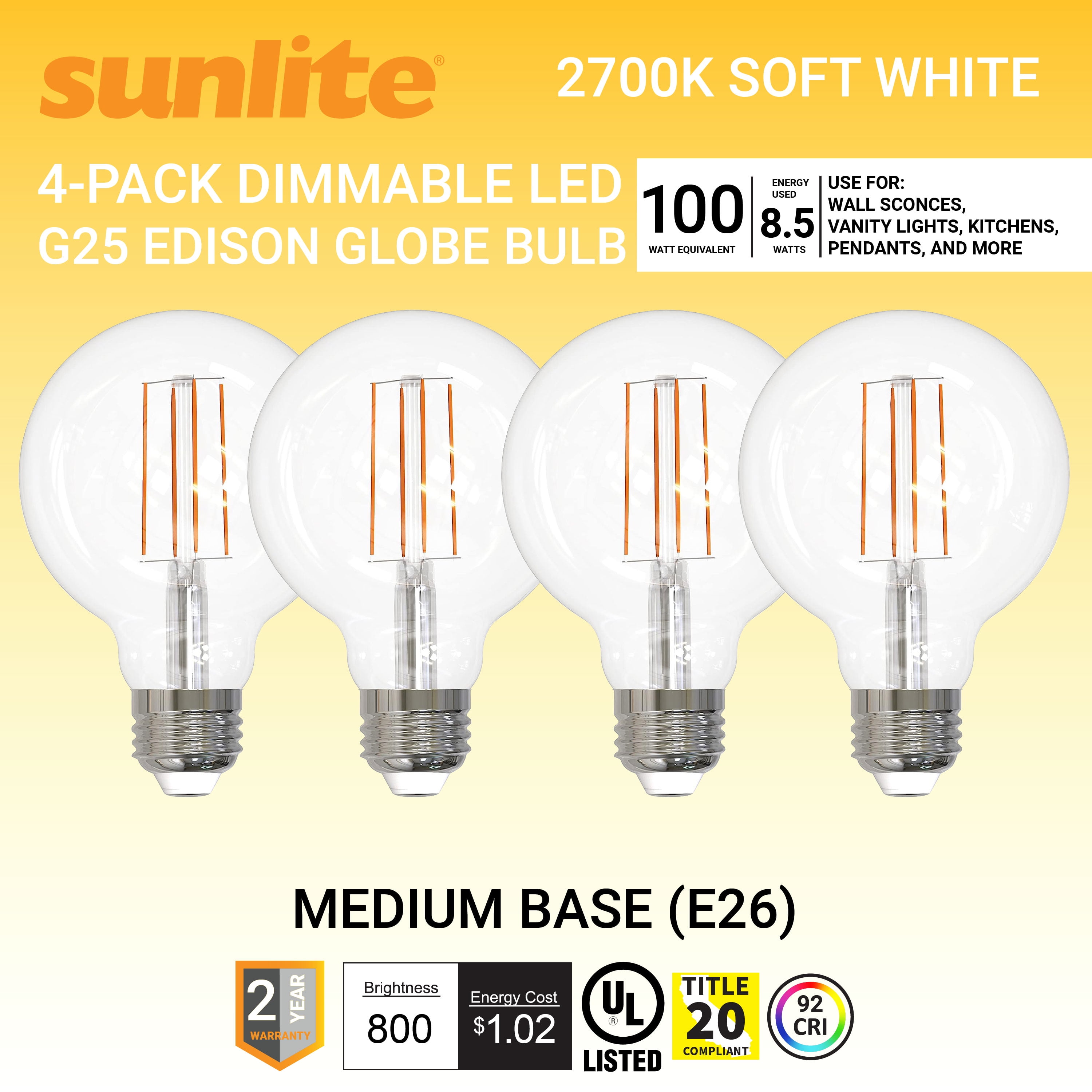 Sunlite LED G25 Edison Globe Light Bulb, 8.5 Watts (100W), Medium E26 Base, Dimmable, Clear, UL Listed, 2700K Soft White, 4-Pack