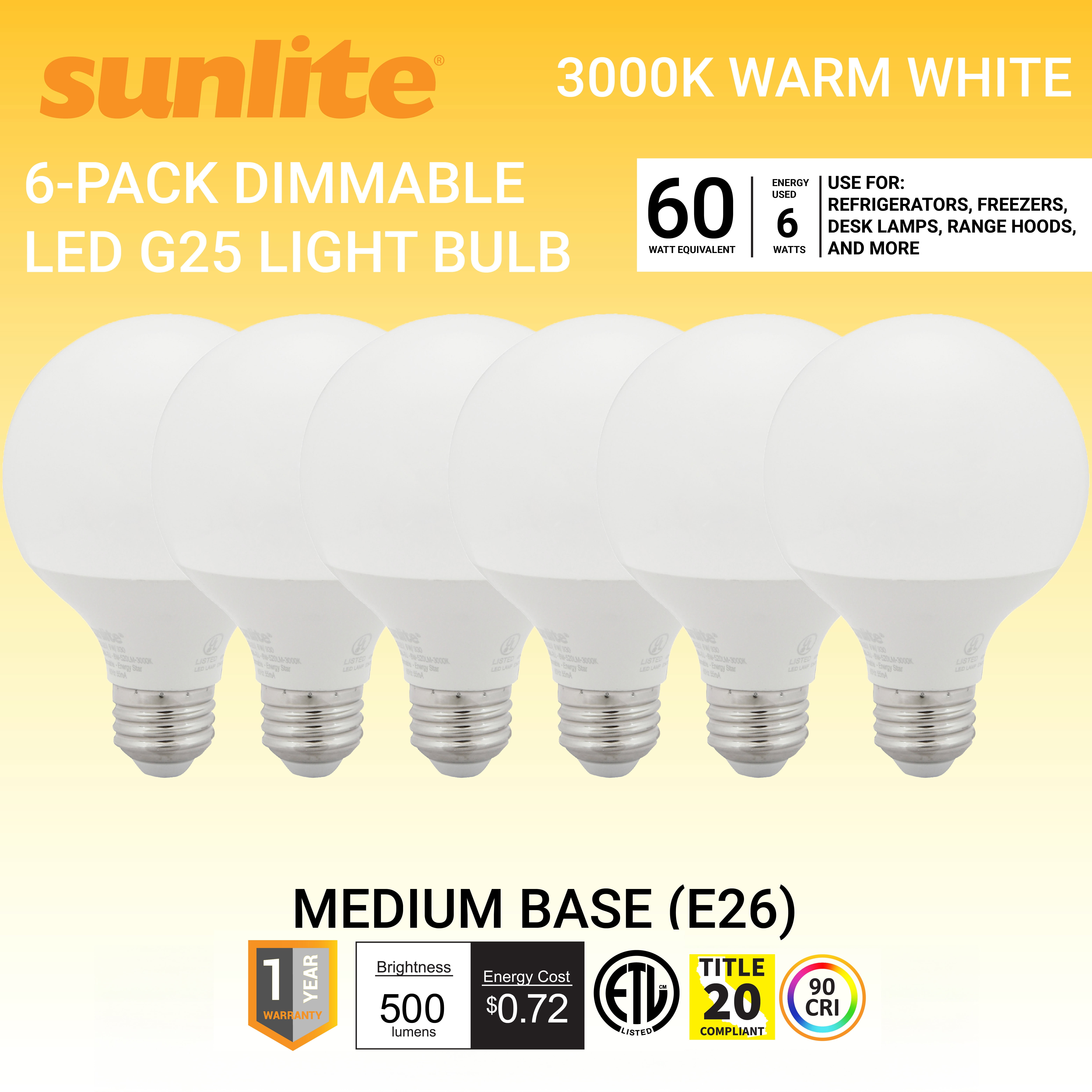 Sunlite 6-Pack Dimmable Frosted LED G25 Globe Light Bulbs