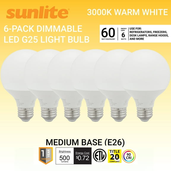 Sunlite LED G25 Globe Light Bulb, 6 Watts (60W Equivalent), Standard E26 Base, 500 Lumens, Dimmable, Frosted, 90 CRI, Title-20 Compliant, ETL Listed, 3000K Warm White, 6 Pack