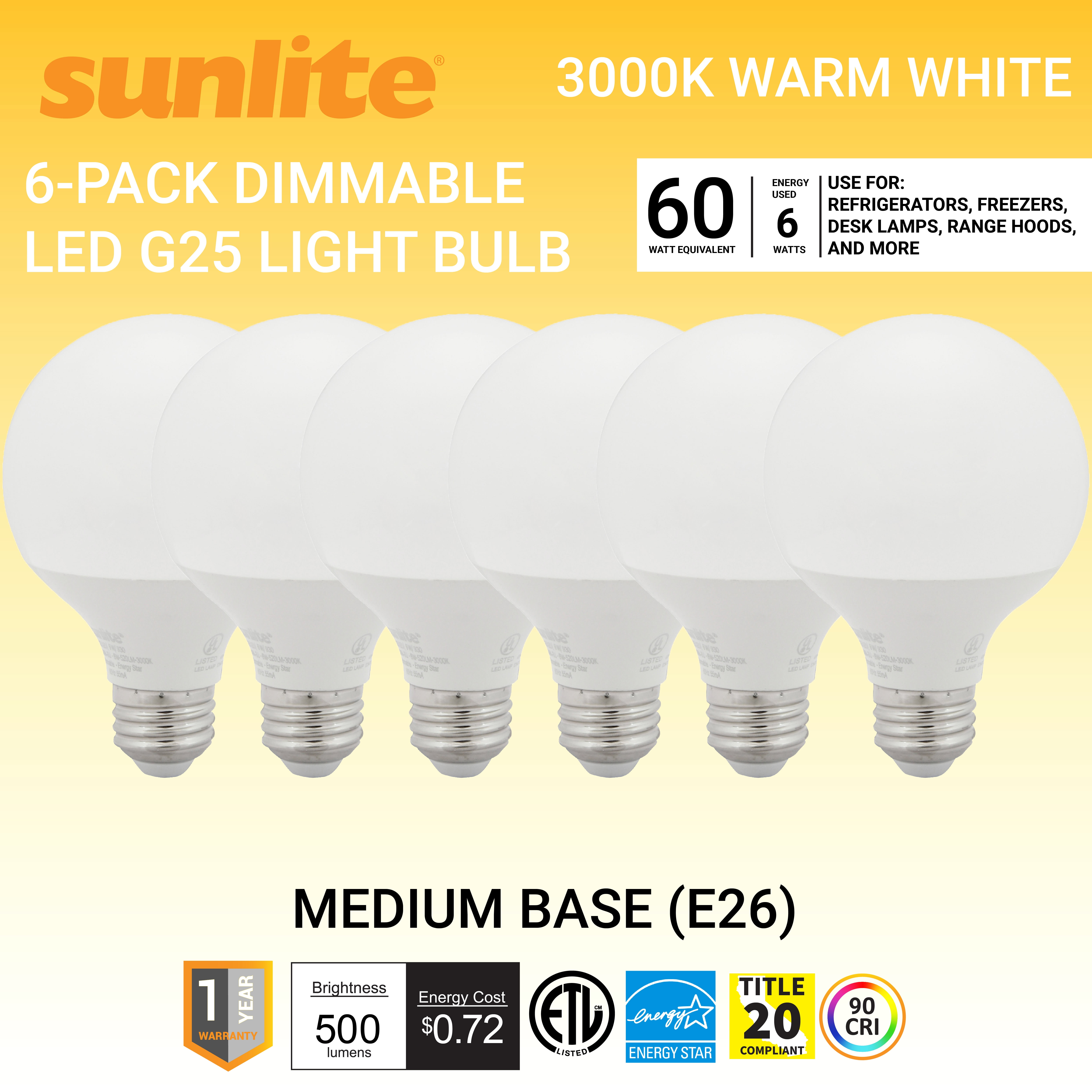 Sunlite 6-Pack Dimmable Frosted LED G25 Globe Light Bulbs