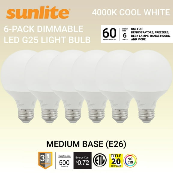Sunlite LED G25 Globe Light Bulb, 6 Watts (60W Equivalent), Standard E26 Base, 500 Lumens, Dimmable, Frosted, 90 CRI, Title-20 Compliant, ETL Listed, 4000K Cool White, 6 Pack