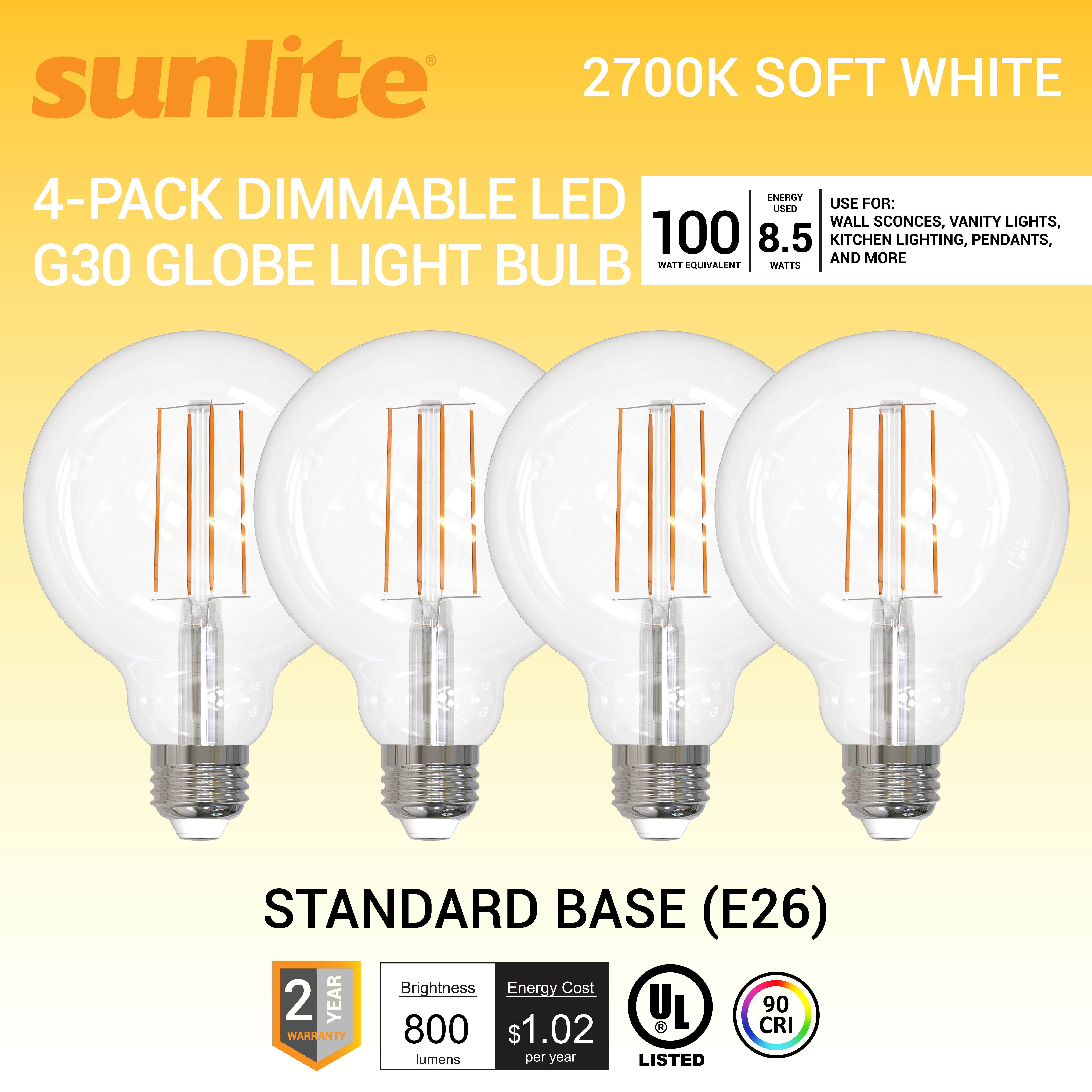 Sunlite LED G30 Edison Globe Light Bulb, 8.5 Watts (100W Equivalent), Standard E26 Base, Dimmable, Clear, UL Listed, 2700K Warm White, 4-Pack