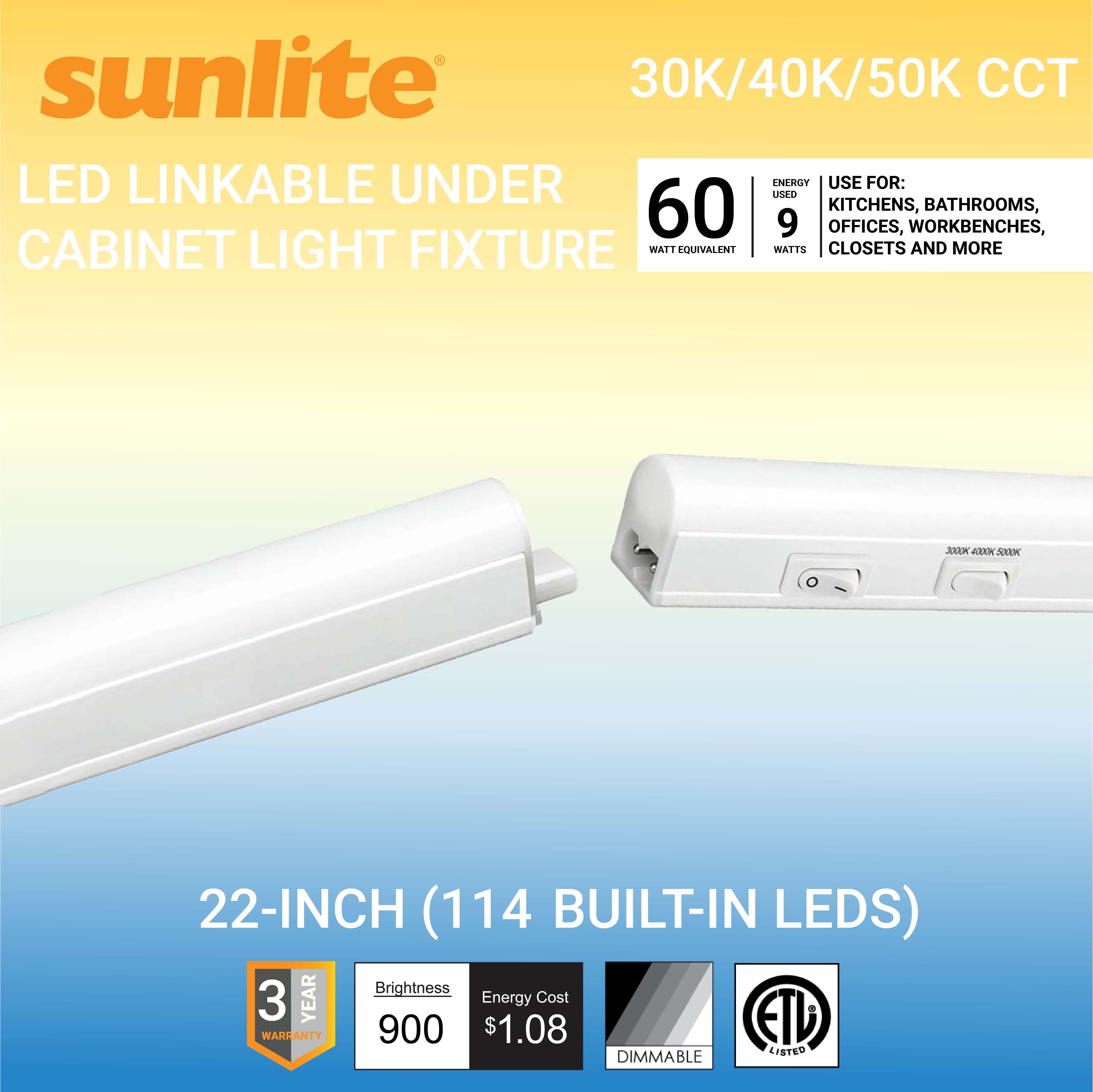 Sunlite LED Linkable Under Cabinet Light Fixture, Adjustable Color 30K/40K/50K, 9 Watts, 900 Lumens, Kitchens, Bathrooms, Offices, Workbenches, ETL Listed, 22 inch, CCT