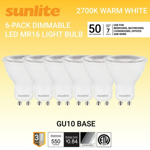 Sunlite LED MR16 Reflector Spotlight Bulb, 7 Watts (50W Halogen Bulb Replacement) 120 Volt, 550 Lumen, 35° Flood Beam, GU10 Base, Dimmable, ETL Listed, 2700K Soft White, 6 Count