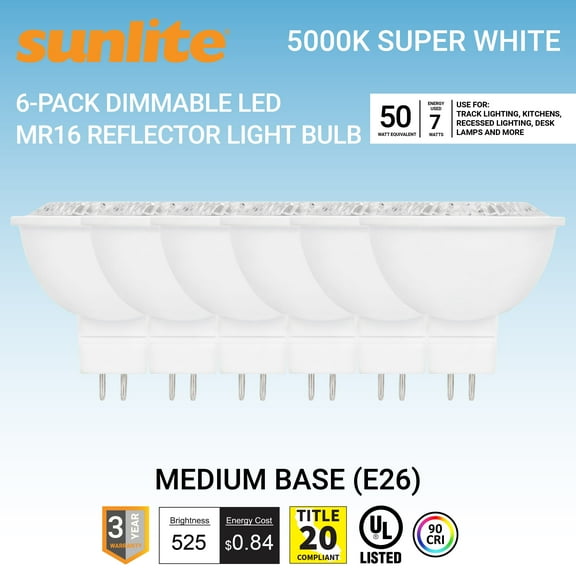 Sunlite LED MR16 Reflector Spotlight Bulb, 7 Watts (50W Halogen Bulb Equivalent), GU5.3 Bi-Pin Base, Dimmable,UL Listed, 5000K Daylight, 6-Pack