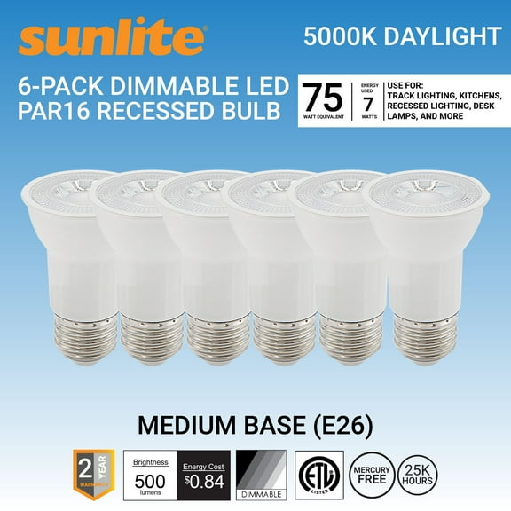 Sunlite LED PAR16 Long Neck Recessed Spot light Bulb, 7 Watt (75W Halogen Replacement), Medium E26 Base, Dimmable, ETL Listed, 5000K Daylight, 6-Pack