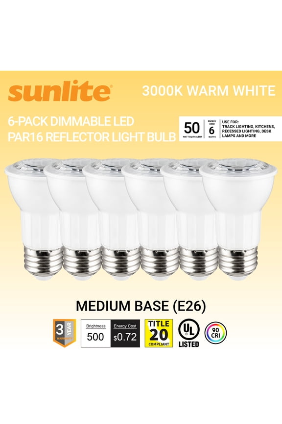 LED PAR16 Reflector Light Bulb, 6 Watts (50W Equivalent), Medium E26 Base, Dimmable, ETL Listed, 3000K Warm White, 6-Pack