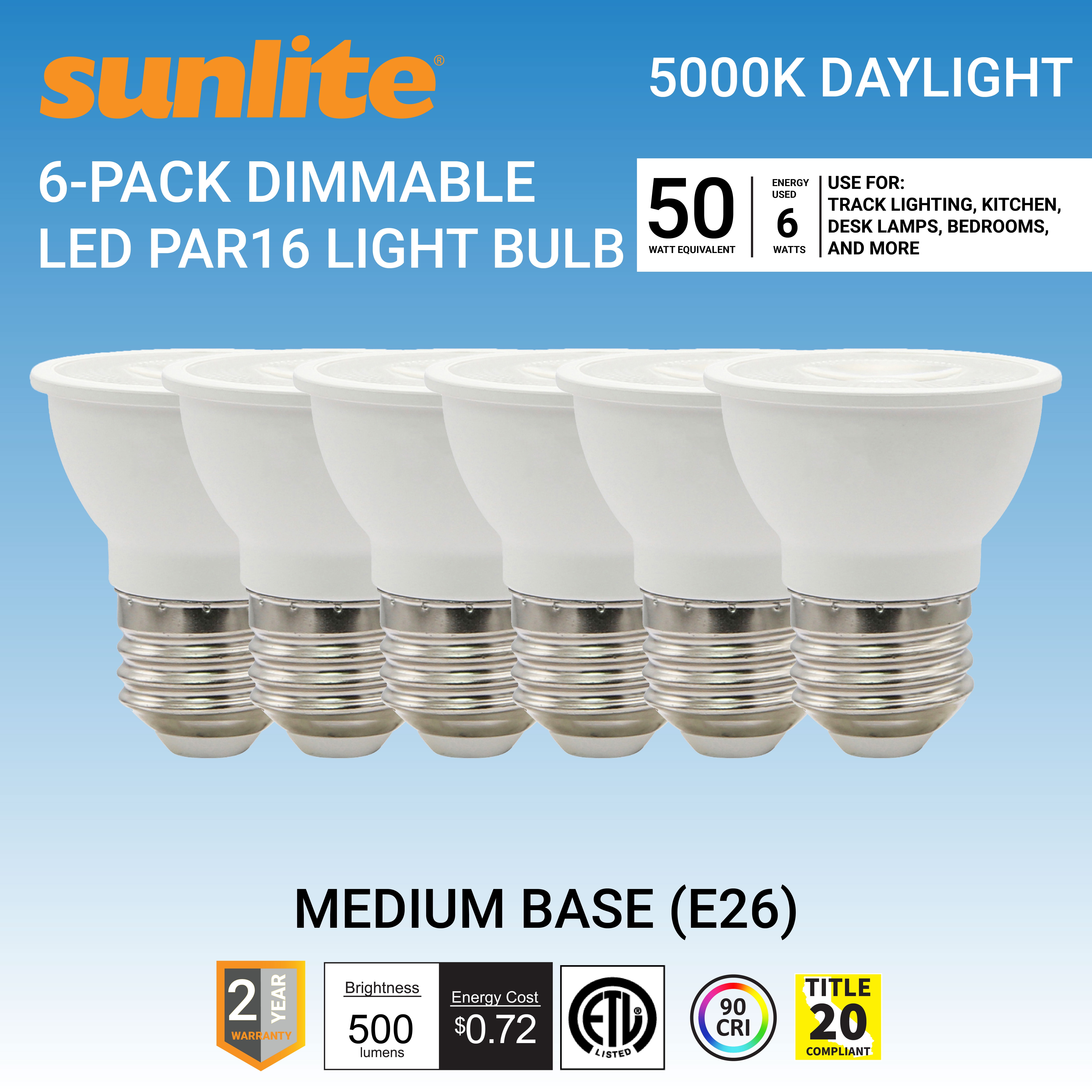 Sunlite LED PAR16 Short Neck Recessed Flood Light Bulb 6 Watt