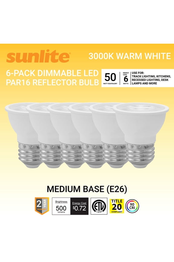 LED PAR16 Short Neck Recessed Flood Light Bulb, 6 Watts (50W Halogen Replacement), Medium E26 Base, Dimmable, ETL Listed, 3000K Warm White, 6-Pack