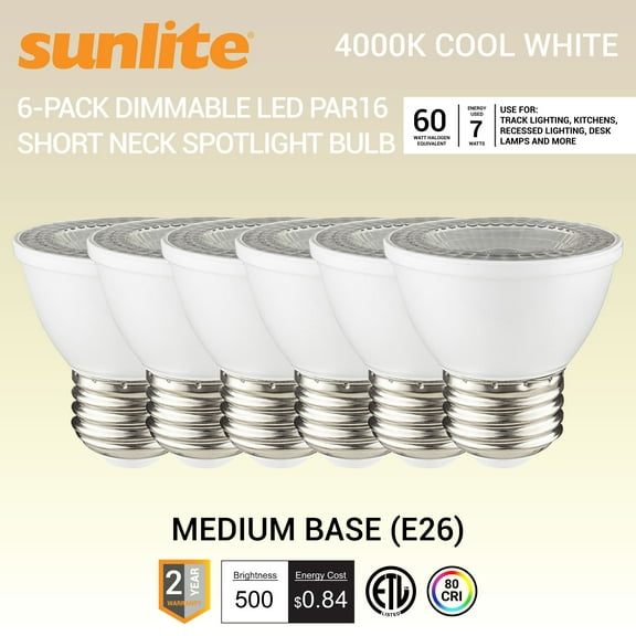 Sunlite LED PAR16 Short Neck Recessed Spotlight Bulb, 7 Watts, (60W Halogen Replacement), Medium E26 Base, Dimmable, ETL Listed, 3000K Warm White, 6-Pack
