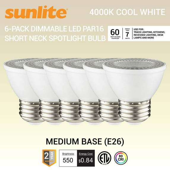 Sunlite LED PAR16 Short Neck Recessed Spotlight Bulb, 7 Watts, (60W Halogen Replacement), Medium E26 Base, Dimmable, ETL Listed, 4000K Cool White, 6-Pack
