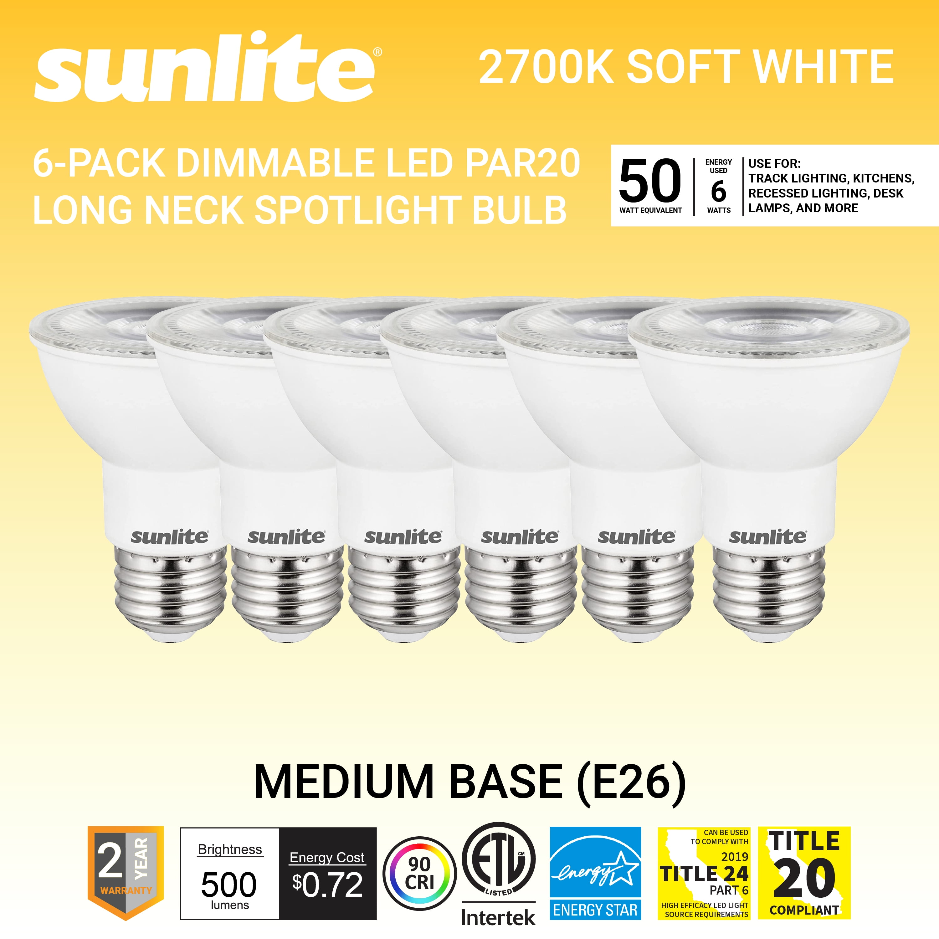 Sunlite LED PAR20 Bulb, 6 Watt (50W Halogen Equivalent), Medium E26 Base, Dimmable, 40 Degree Flood Beam, ETL Listed, 2700K Warm White, 6-Pack