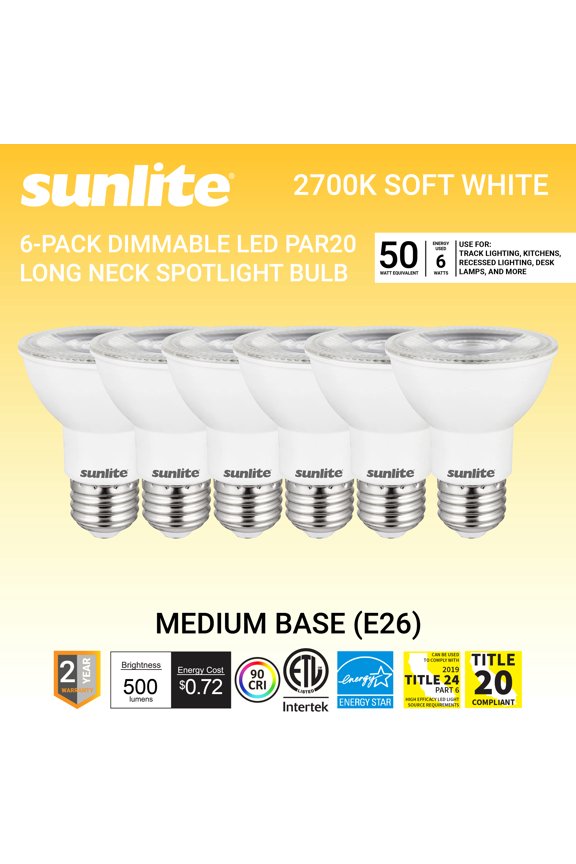 LED PAR20 Bulb, 6 Watt (50W Halogen Equivalent), Medium E26 Base, Dimmable, 40 Degree Flood Beam, ETL Listed, 2700K Warm White, 6-Pack