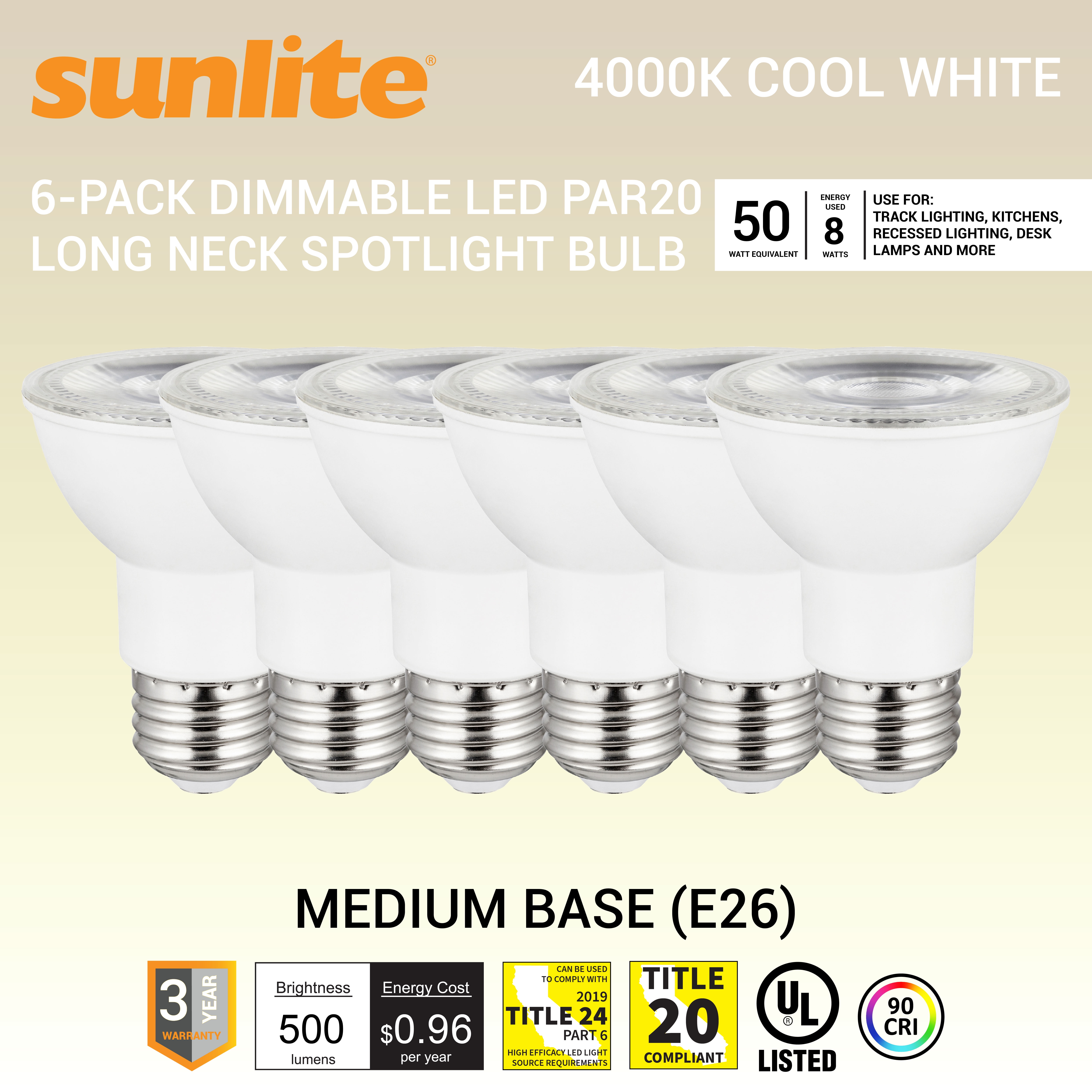 Sunlite LED PAR20 Long Neck Spotlight Bulb, 8 Watts (50W Halogen Equivalent), Medium E26 Base, Dimmable,UL Listed, 4000K Cool White, 6-Pack