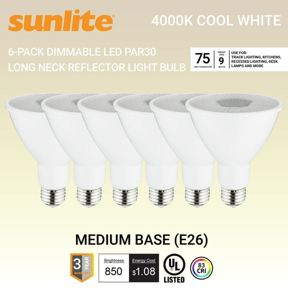 Sunlite LED PAR30 Long Neck Light Bulb, 9 Watt (75W Equiv), Medium E26 Base, Dimmable, Frosted, UL Listed, 4000K Cool White, 6-Pack