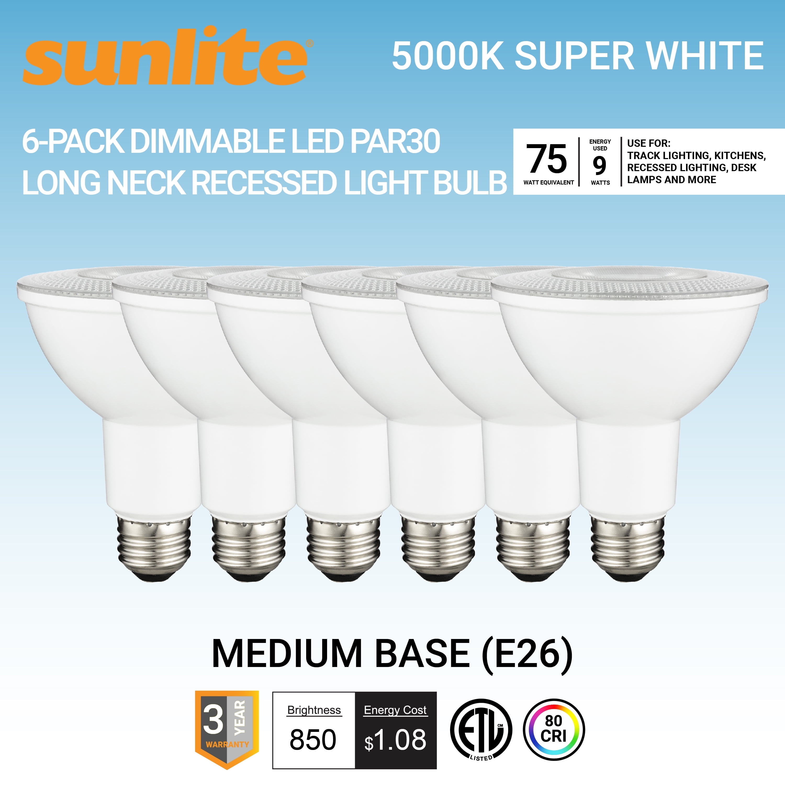 Sunlite LED PAR30 Long Neck Recessed Light Bulb, 10 Watts, (75W Equivalent), Medium E26 Base, Dimmable,UL Listed, 5000K Daylight, 6-Pack