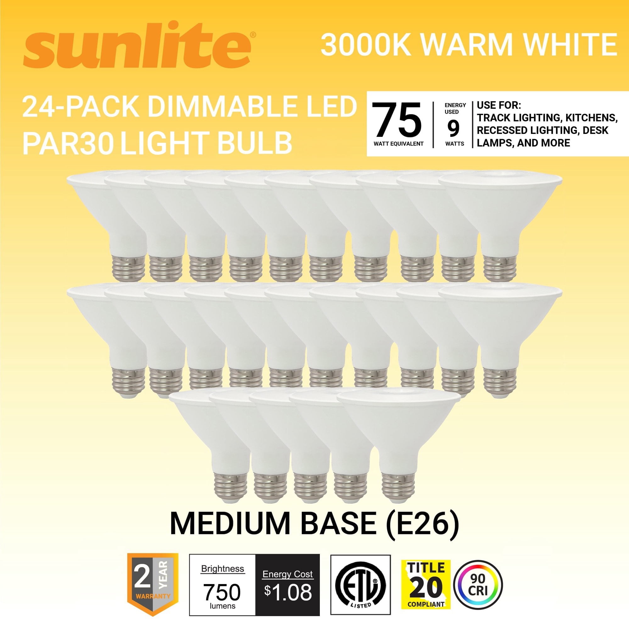Sunlite LED PAR30 Reflector Light Bulb, 9 Watts (75W=), 750 Lumens, Medium E26 Base, 90 CRI, Dimmable, Floodlight, ETL Listed, Title-20 Compliant, 30K-Warm White, 24 Pack