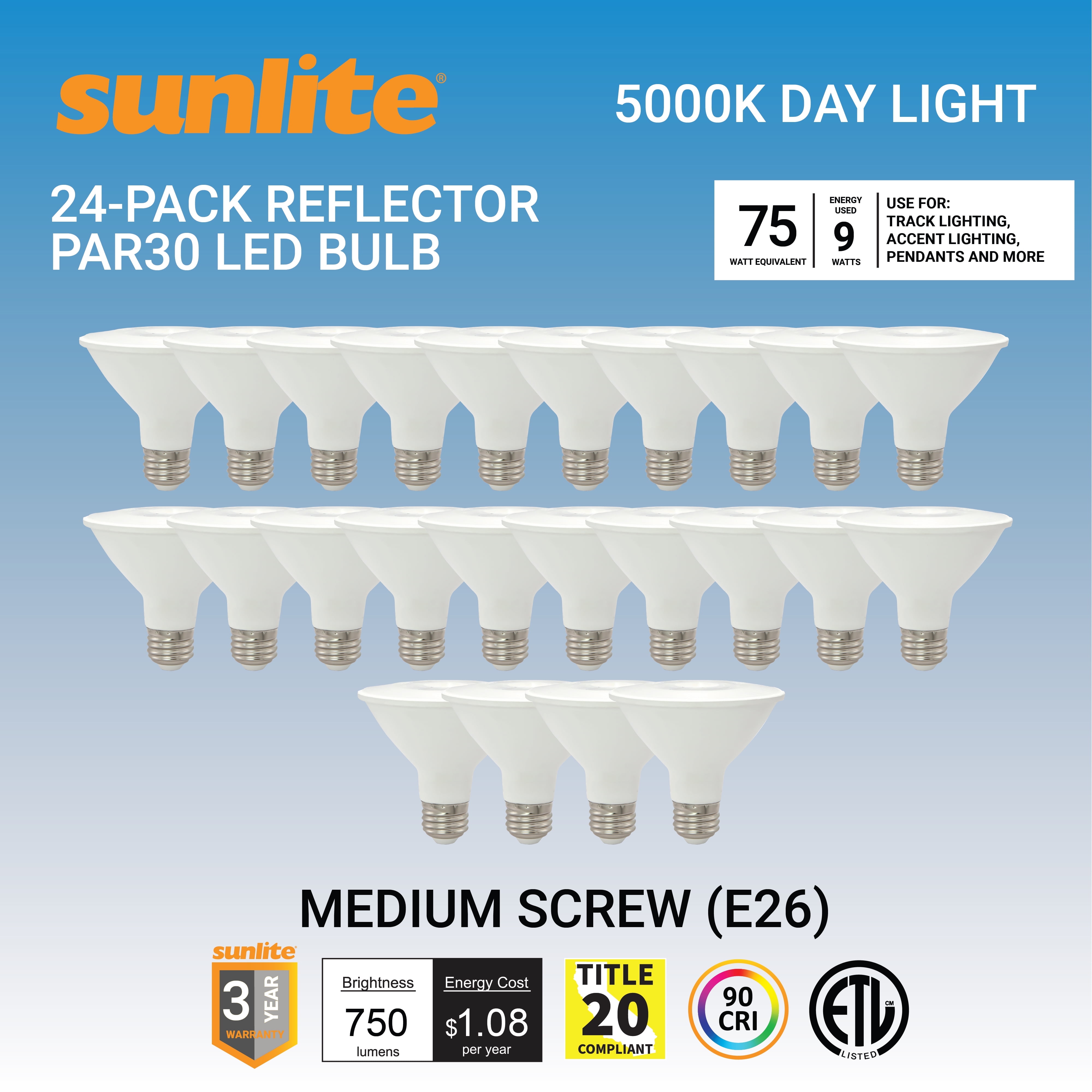 Sunlite LED PAR30 Reflector Light Bulb, 9 Watts (75W=), 750 Lumens, Medium E26 Base, 90 CRI, Dimmable, Floodlight, ETL Listed, Title-20 Compliant, 50K-Daylight, 24 Pack
