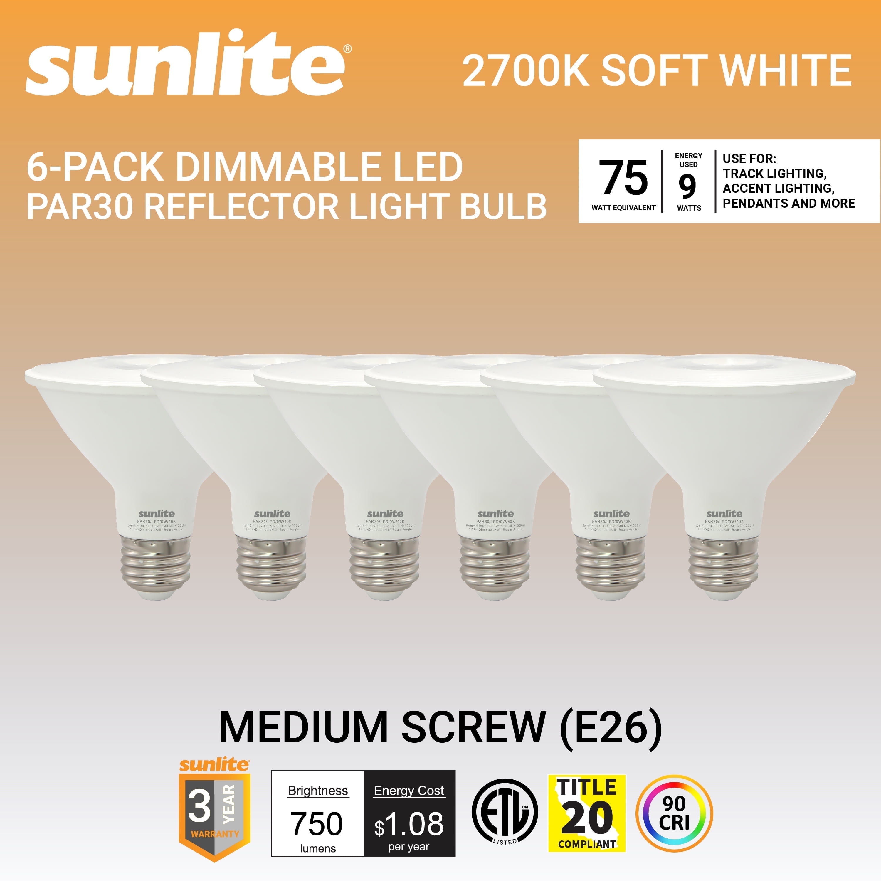 Sunlite LED PAR30 Reflector Light Bulb, 9 Watts (75W Equivalent), Medium E26 Base, Non-Dimmable,ETL Listed, 2700K Soft White, 6-Pack