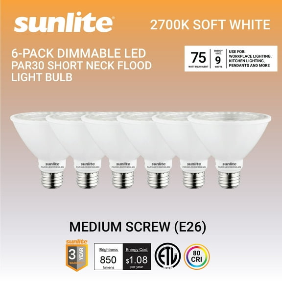 Sunlite LED PAR30 Short Neck Flood Light Bulb, 9 Watts, (75W Equivalent), 850 Lumens, Medium Screw (E26) Base, Dimmable, ETL Listed, 2700K Soft White, 6 Count