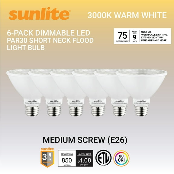 Sunlite LED PAR30 Short Neck Flood Light Bulb, 9 Watts, (75W Equivalent), 850 Lumens, Medium Screw (E26) Base, Dimmable, ETL Listed, 3000K Warm White, 6 Pack